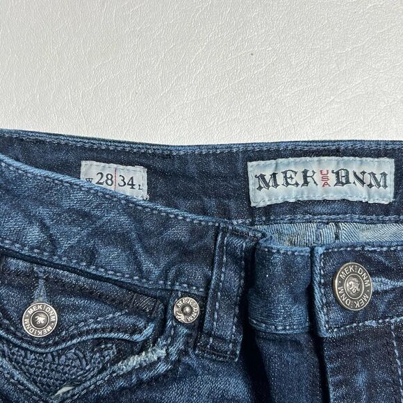 MEK | Dark Slight Factory Distressed Yokohama Slim Bootcut Jeans. 34 in Inseam - Picture 2 of 6